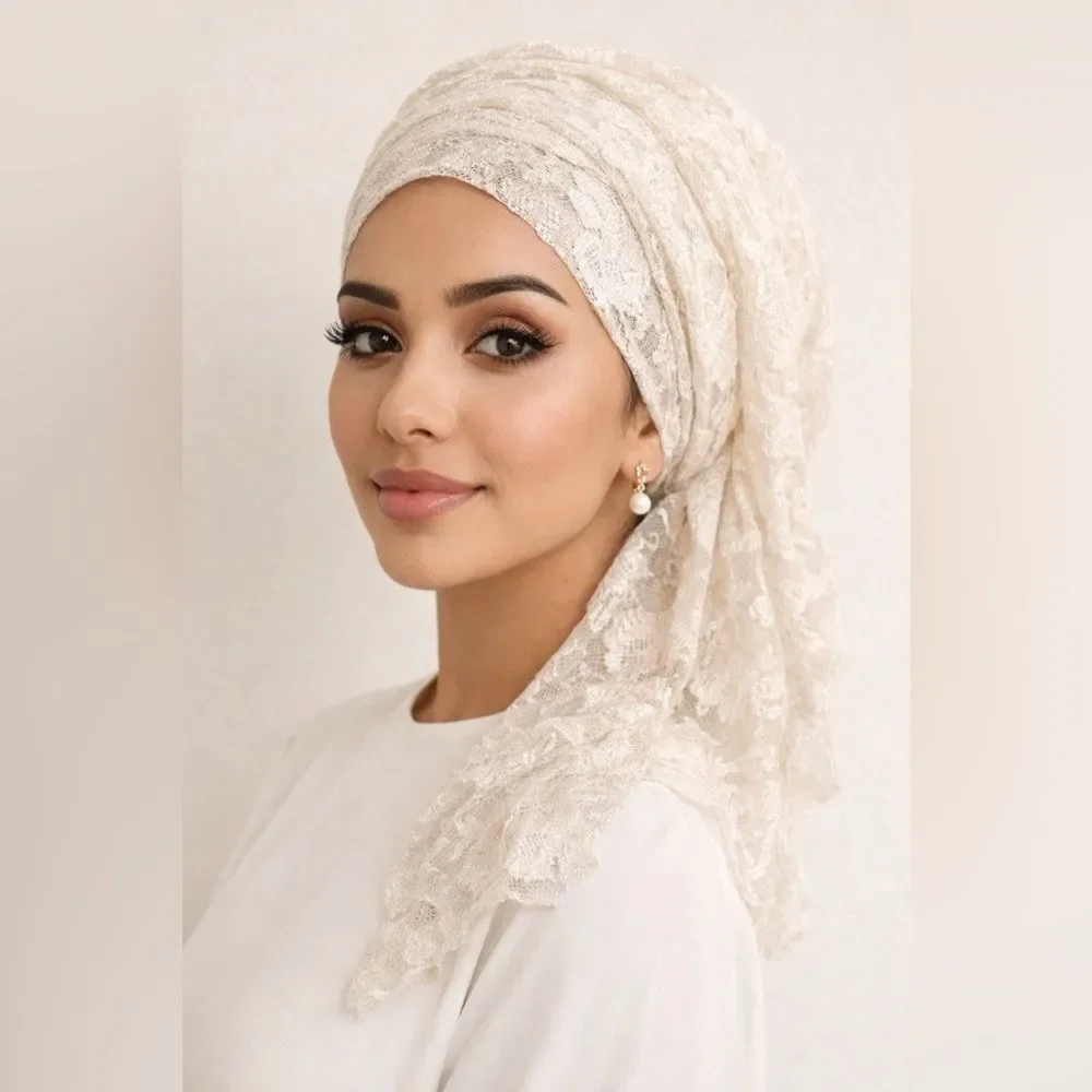 Elegant Ivory Lace Hijab / Head Wrap – Bridal & Occasion